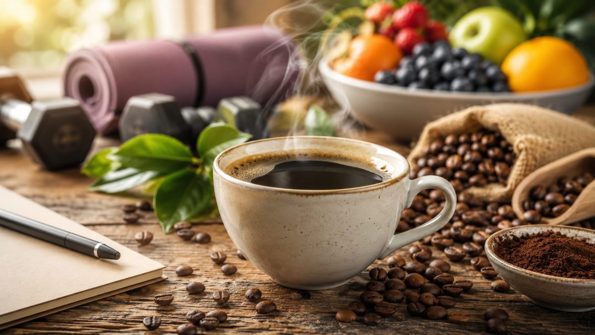 Tasse de café noir fumant posée sur une table en bois entourée de grains de café, illustration des bienfaits et risques du café sur la santé, la mémoire, le sommeil et le système cardiovasculaire
