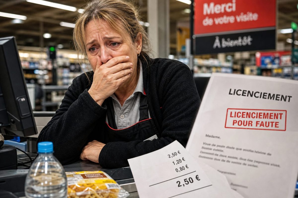 Caissière de supermarché bouleversée derrière sa caisse, regardant un document de licenciement posé sur le comptoir, avec tickets de caisse affichant quelques euros, illustrant une affaire d’erreur de facturation ayant conduit à un licenciement après 25 ans de travail