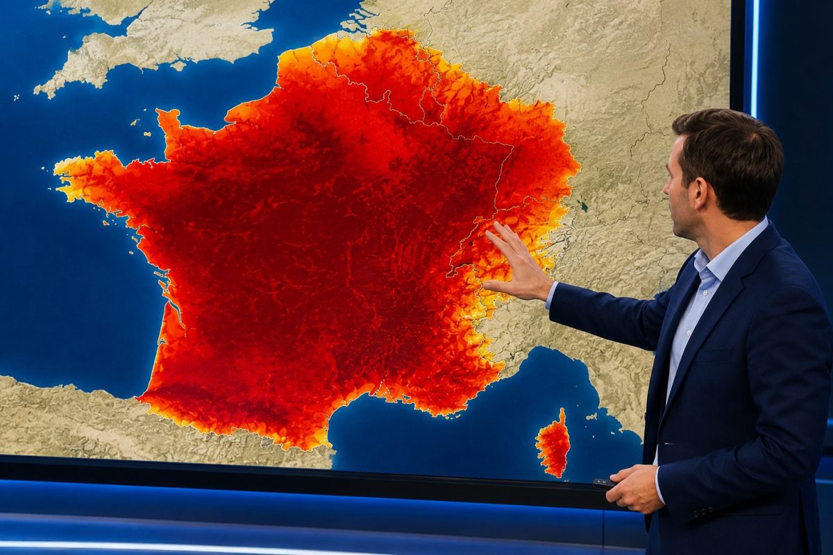 Présentateur météo en costume devant une immense carte de France colorée en rouge foncé et orange, illustrant une vague de chaleur exceptionnelle. L'écran affiche une grande partie du territoire touchée par des températures extrêmement élevées, symbolisant la canicule et les records de chaleur observés en France.