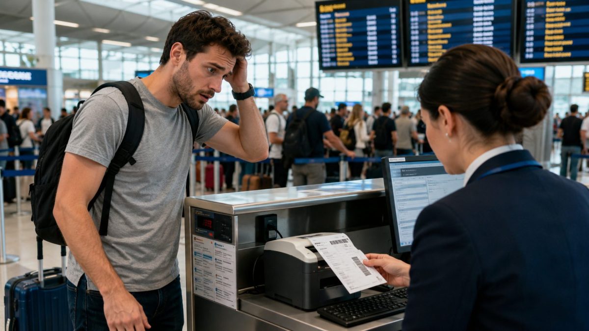 Voyageur stressé devant un comptoir d’aéroport pendant qu’un agent imprime une carte d’embarquement, ambiance tendue dans un terminal moderne rempli de passagers et de valises.