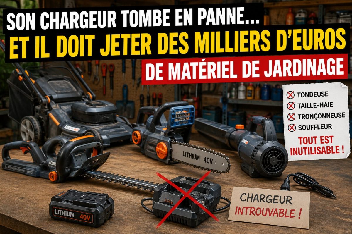 Montage illustrant plusieurs outils de jardinage électriques à batterie posés sur un établi dans un garage, avec un chargeur barré d’une croix rouge et un message indiquant qu’il est introuvable, symbolisant l’obsolescence du matériel