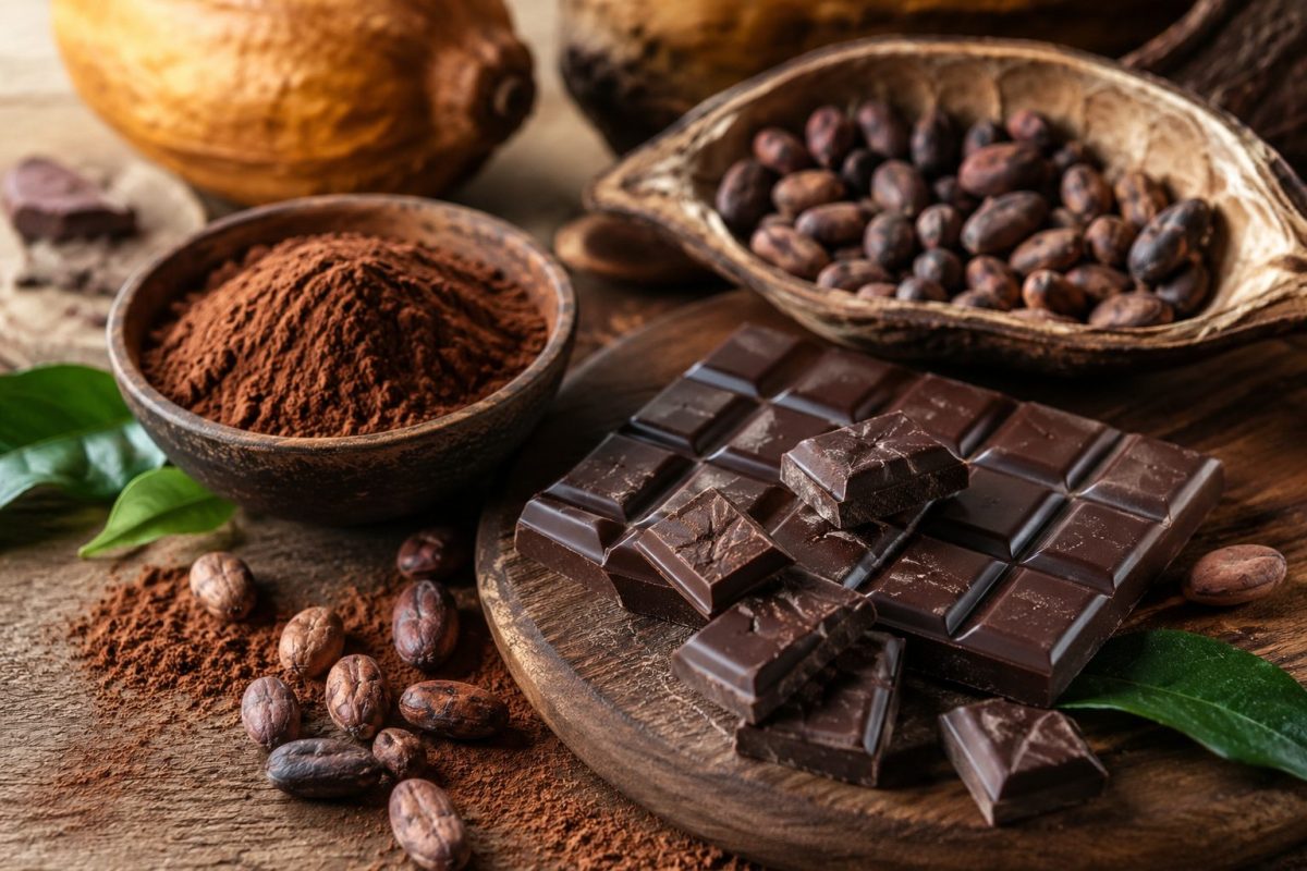 Tablette de chocolat noir accompagnée de poudre de cacao et de fèves de cacao sur une table en bois, illustration des bienfaits potentiels du cacao riche en antioxydants pour la santé cardiovasculaire et le cerveau