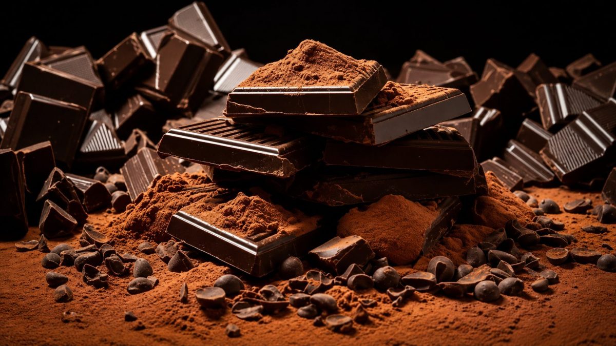 Tablettes de chocolat noir empilées sur de la poudre de cacao avec éclats de chocolat et fèves de cacao, illustration gourmande autour des antioxydants et des bienfaits potentiels du cacao pour la santé