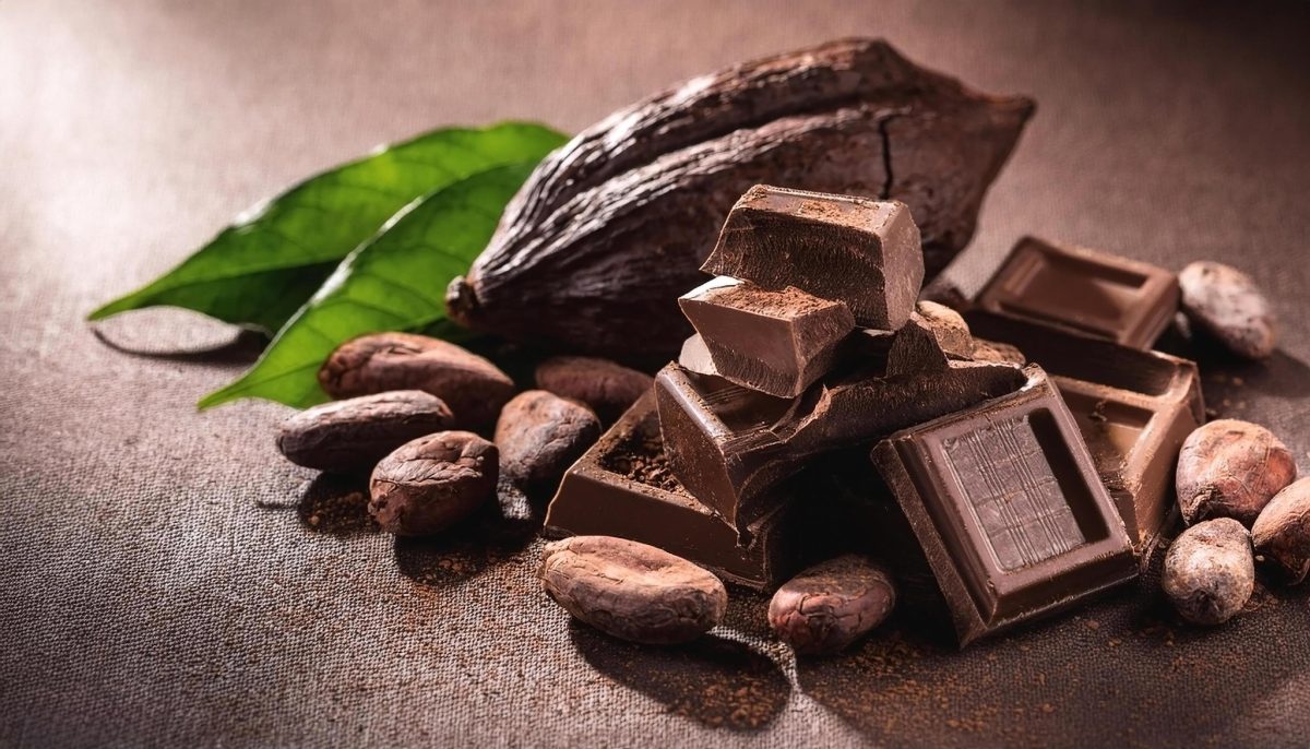 Morceaux de chocolat noir accompagnés de fèves de cacao et d’une cabosse de cacao sur une surface sombre, illustration des bienfaits potentiels du cacao riche en antioxydants pour la santé