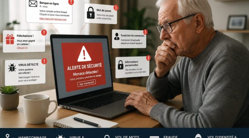 Personne âgée assise devant un ordinateur portable affichant plusieurs alertes de cybersécurité, de faux e-mails et des messages suspects illustrant les dangers du phishing, des virus informatiques et des arnaques en ligne visant les seniors.