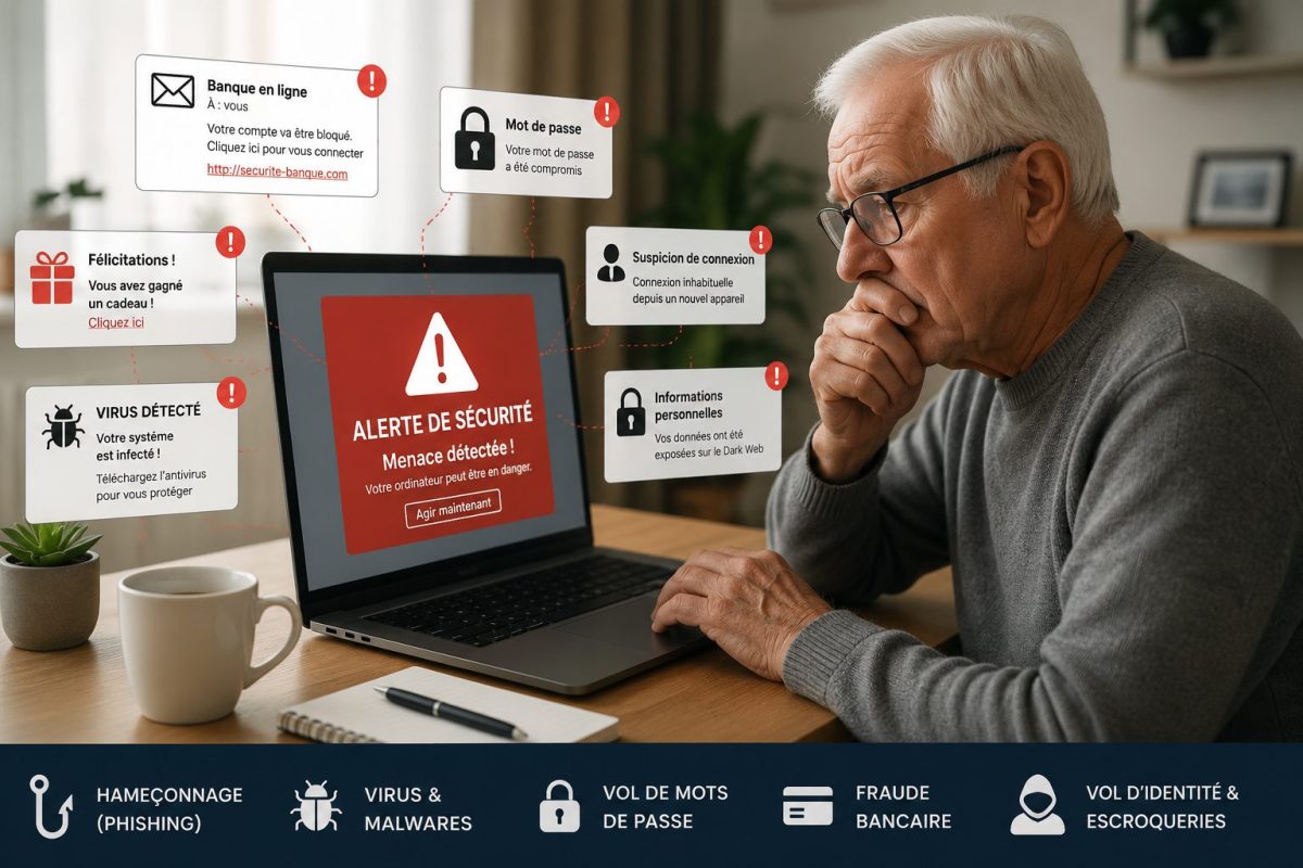 Personne âgée assise devant un ordinateur portable affichant plusieurs alertes de cybersécurité, de faux e-mails et des messages suspects illustrant les dangers du phishing, des virus informatiques et des arnaques en ligne visant les seniors.
