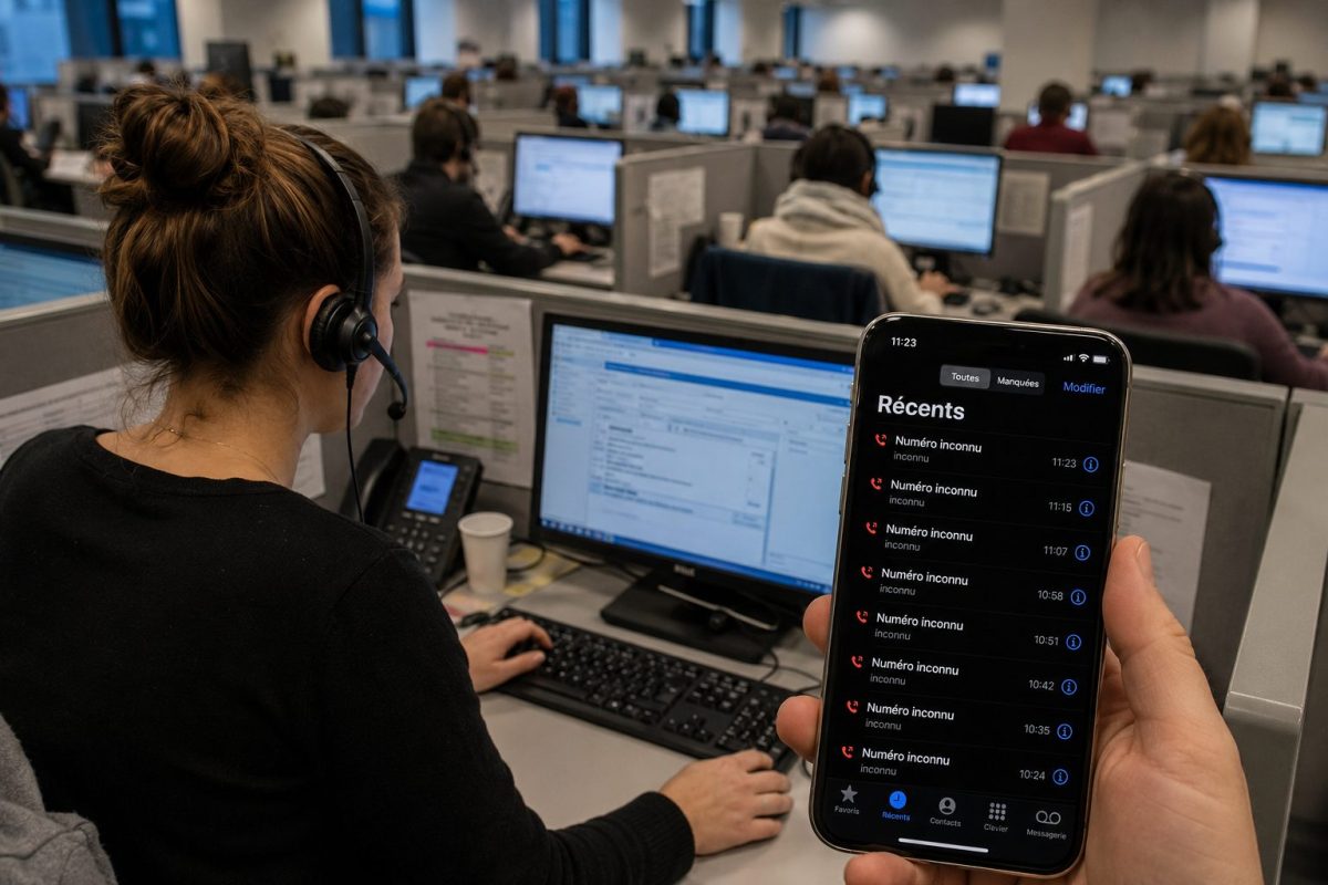 Téléopératrice portant un casque dans un centre d’appel moderne rempli de boxes et d’écrans d’ordinateur, tandis qu’un smartphone affiche une longue liste d’appels inconnus répétés.