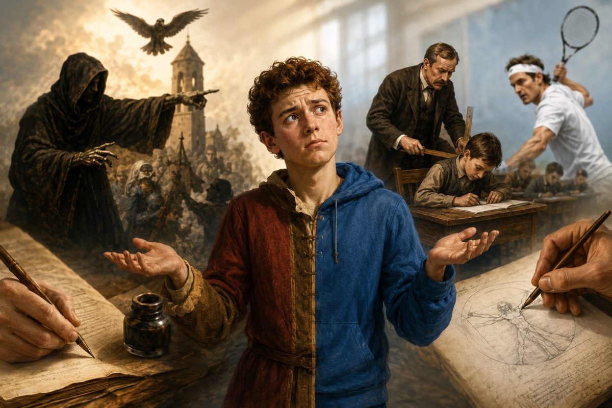 Grande illustration cinématographique représentant l’origine de l’expression française « être gauche », avec un jeune homme maladroit au centre entouré de scènes historiques montrant les préjugés contre les gauchers, une ancienne salle de classe et l’évolution du regard porté sur les personnes gauchères à travers les siècles.