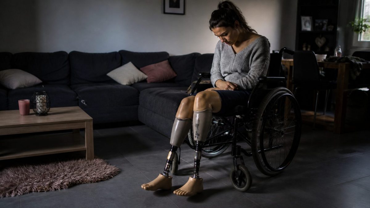 Jeune mère amputée des deux pieds après un accouchement à l’hôpital, assise en fauteuil roulant dans son salon avec des prothèses visibles, regard tourné vers ses jambes, expression marquée par l’émotion, illustrant les conséquences graves d’une erreur médicale lors d’une hémorragie post-accouchement