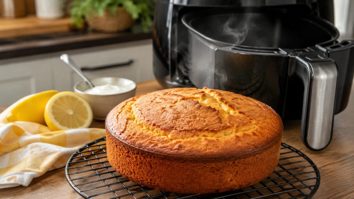 Gâteau au yaourt doré et moelleux en train de refroidir sur une grille après cuisson dans un Air Fryer, avec une texture légère et un léger parfum de citron dans une cuisine chaleureuse.