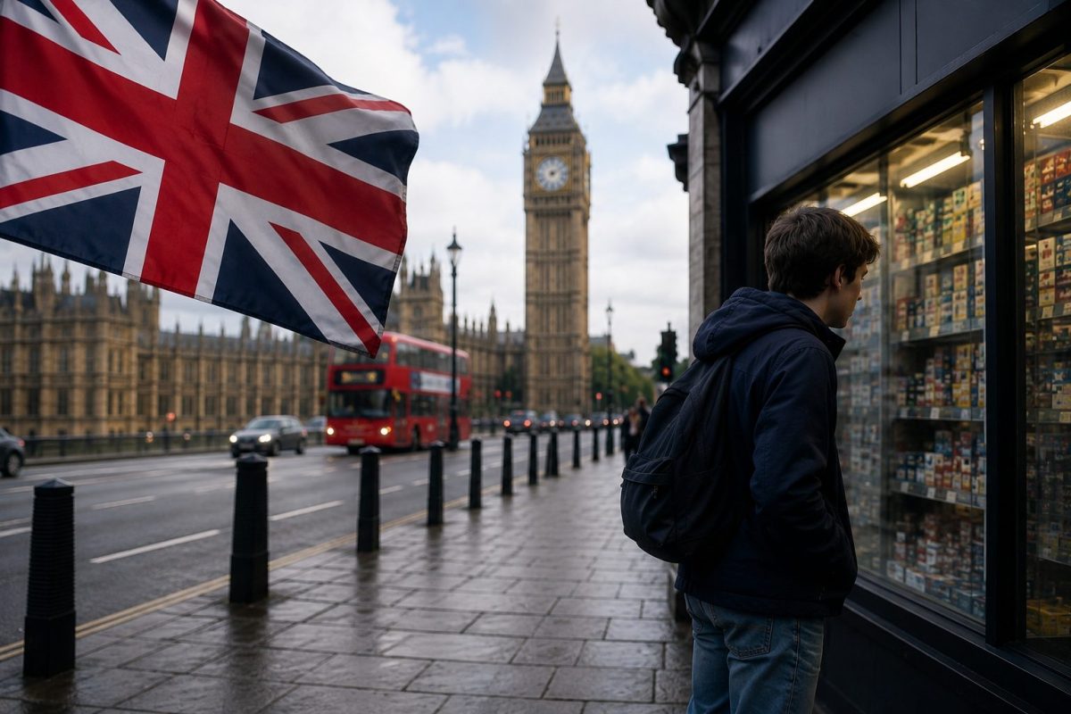 Jeune homme observant la vitrine d’un bureau de tabac dans une rue de Londres avec un drapeau britannique flottant au premier plan et Big Ben en arrière-plan sous un ciel nuageux.