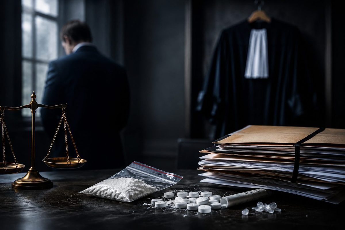 Bureau sombre de magistrat avec balance de justice, dossiers judiciaires et sachet de poudre blanche posé sur une table, tandis qu’un homme en costume regarde par la fenêtre dans une ambiance dramatique.