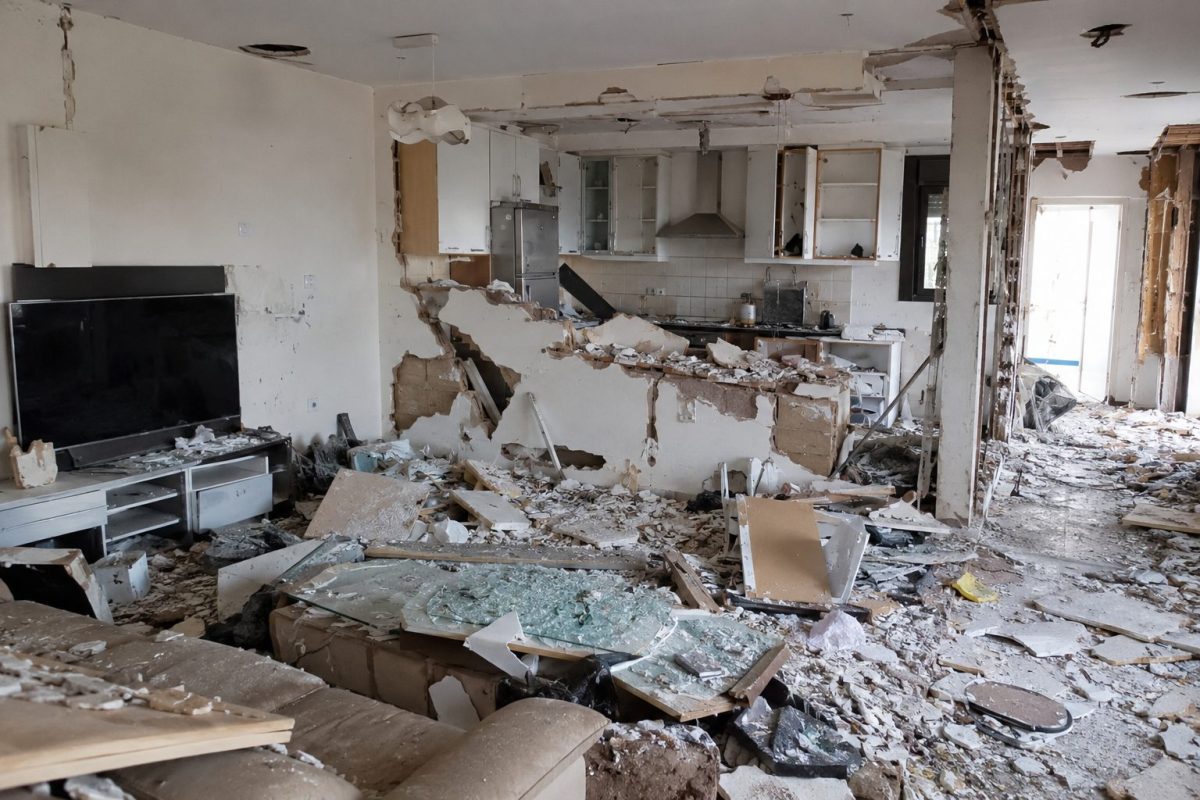 Intérieur d’une maison entièrement saccagée après le départ de locataires, avec salon et cuisine ouverte gravement dégradés. Le bar américain est détruit, les murs sont éventrés, les meubles cassés et des gravats recouvrent le sol. Cette scène illustre l’ampleur des dégâts locatifs, les actes de vandalisme dans un logement et les conséquences financières pour un propriétaire confronté à une maison dévastée.