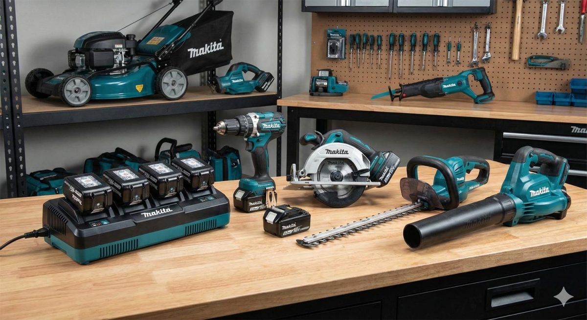 Atelier moderne de bricolage et de jardinage avec plusieurs outils électriques sans fil à batterie alignés sur un établi en bois, dont une tondeuse, un taille-haie, une scie circulaire et un souffleur, accompagnés d’un chargeur multi-batteries