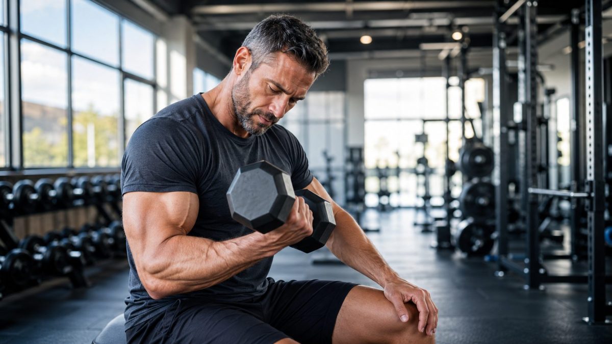 Homme réalisant un exercice de musculation avec haltères dans une salle de sport moderne pendant un entraînement axé sur la santé cardiovasculaire et la remise en forme.