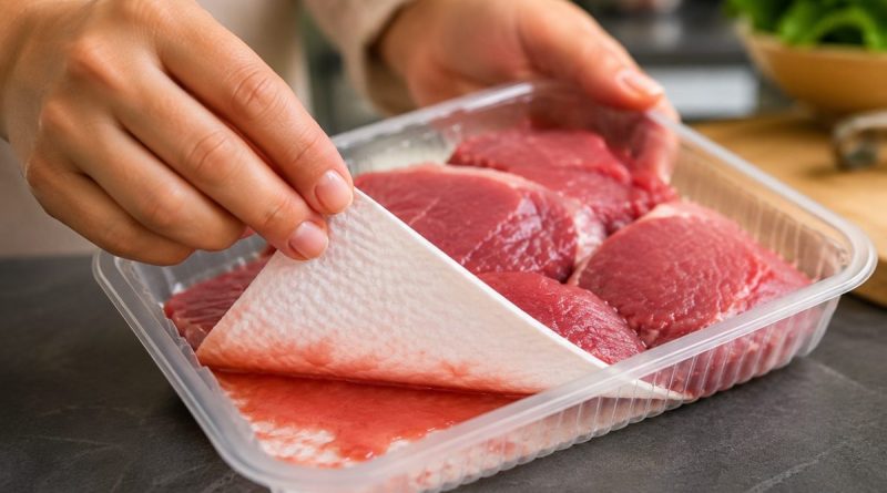 Une personne retire délicatement le papier absorbant imbibé de jus sous une barquette de viande crue fraîche dans une cuisine moderne, mettant en évidence le rôle du tampon absorbant dans l’hygiène alimentaire et la conservation de la viande.