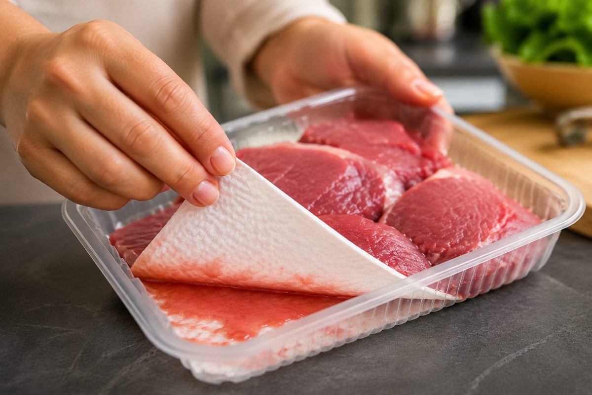 Une personne retire délicatement le papier absorbant imbibé de jus sous une barquette de viande crue fraîche dans une cuisine moderne, mettant en évidence le rôle du tampon absorbant dans l’hygiène alimentaire et la conservation de la viande.