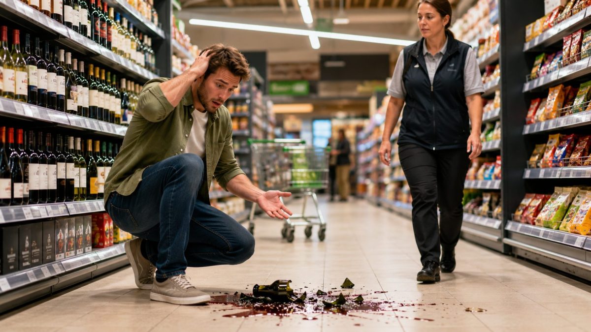 Client surpris devant une bouteille cassée au sol dans le rayon d’un supermarché tandis qu’un employé s’approche calmement pour constater l’accident.