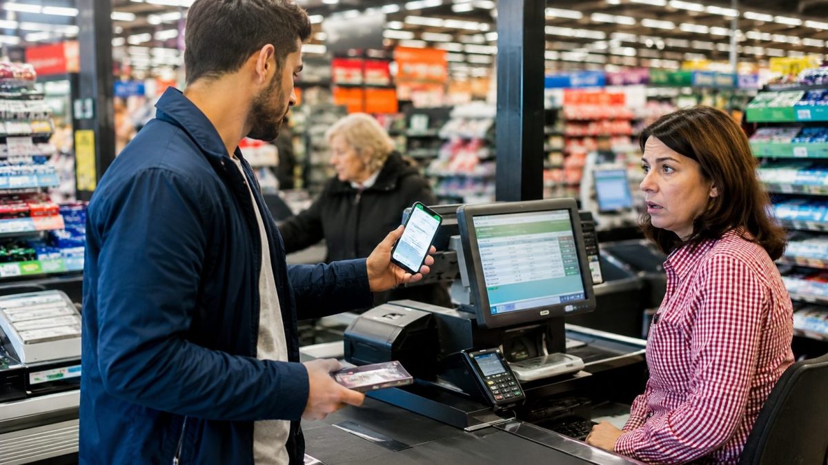 Client montrant une preuve de paiement sur smartphone à une hôtesse de caisse dans un supermarché moderne pour demander un remboursement sans ticket de caisse.