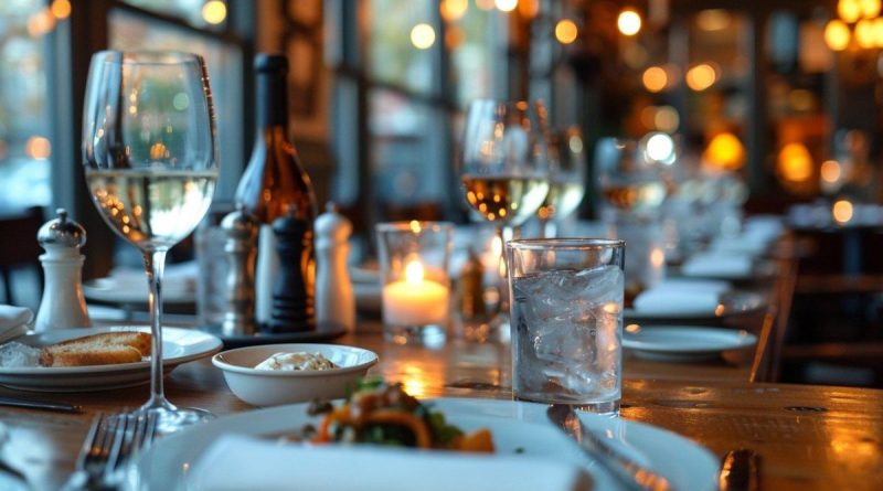 Table de restaurant élégante avec plusieurs verres d’alcool, bougies et ambiance tamisée en soirée, illustrant les règles françaises concernant le paiement et la consommation d’alcool dans les établissements de restauration.