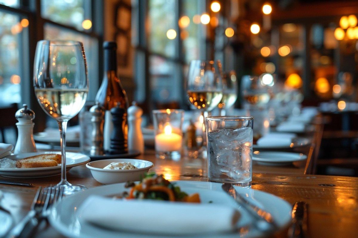 Table de restaurant élégante avec plusieurs verres d’alcool, bougies et ambiance tamisée en soirée, illustrant les règles françaises concernant le paiement et la consommation d’alcool dans les établissements de restauration.