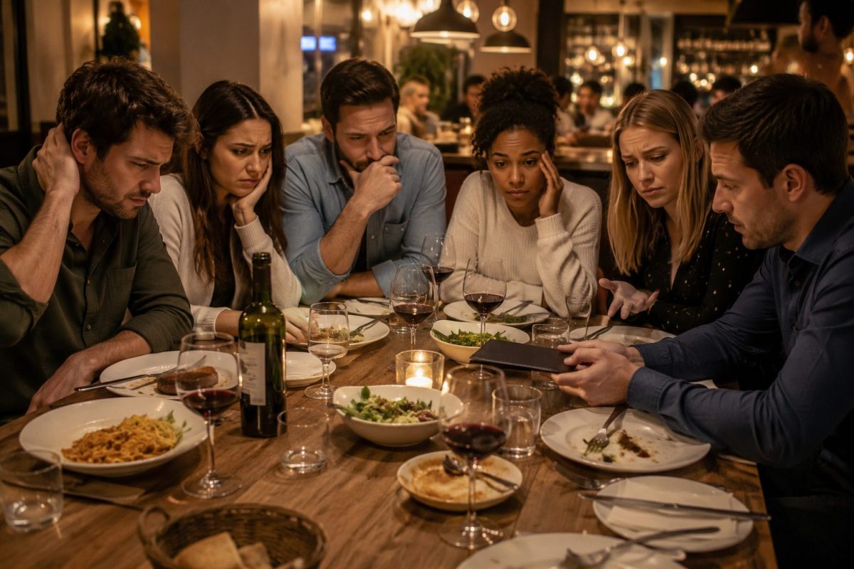 Groupe d’amis tendus autour d’une addition dans un restaurant après un repas, avec des verres de vin, des plats différents et une ambiance gênante au moment de payer la note.