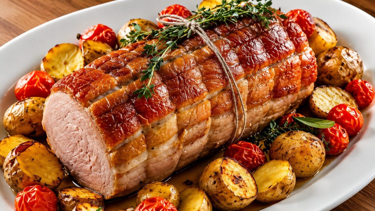 Rôti de porc doré et croustillant servi avec des pommes de terre rôties et des tomates cerises sur un grand plat blanc, cuisson gourmande type Air Fryer.