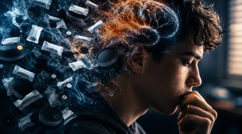 Illustration sombre et réaliste d’un jeune homme pensif confronté à une addiction aux nicotine pouch et au snus, avec des sachets de nicotine flottant autour de sa tête et une représentation lumineuse du cerveau symbolisant la dépendance à la nicotine