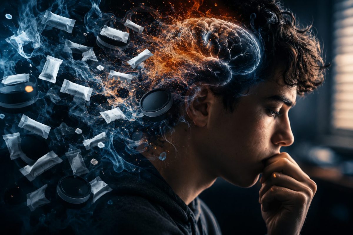 Illustration sombre et réaliste d’un jeune homme pensif confronté à une addiction aux nicotine pouch et au snus, avec des sachets de nicotine flottant autour de sa tête et une représentation lumineuse du cerveau symbolisant la dépendance à la nicotine