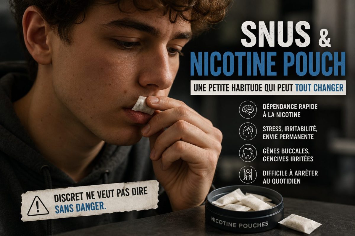 Jeune homme utilisant un sachet de nicotine sous la lèvre avec expression inquiète, illustration des dangers du snus et des nicotine pouch, addiction à la nicotine, dépendance rapide, stress et effets sur la santé buccale, ambiance sombre et préventive