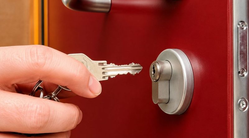 main tenant une clé devant la serrure d’une porte rouge illustrant le risque juridique qu’un squatteur propriétaire maison peut représenter pour certains propriétaires immobiliers en France