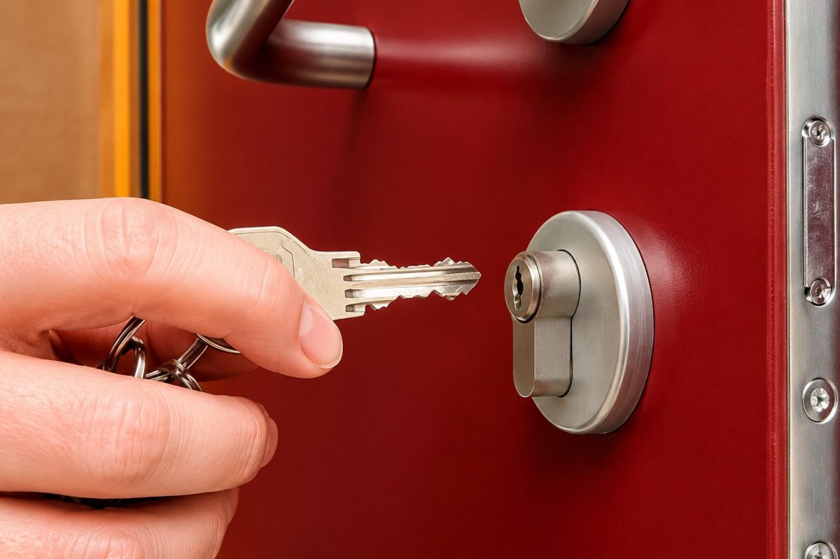 main tenant une clé devant la serrure d’une porte rouge illustrant le risque juridique qu’un squatteur propriétaire maison peut représenter pour certains propriétaires immobiliers en France