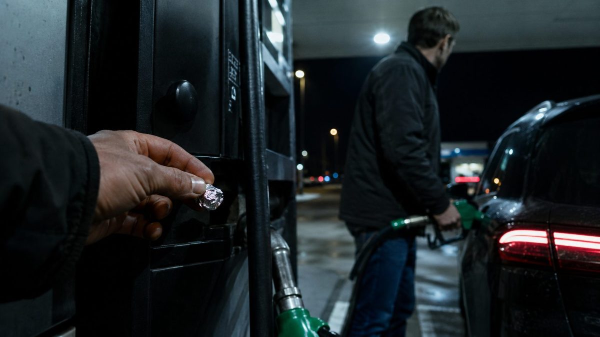 Pompe à essence dans une station-service avec une main tenant un petit morceau de papier aluminium près du terminal de paiement, tandis qu’un automobiliste fait le plein sans remarquer une fraude discrète.