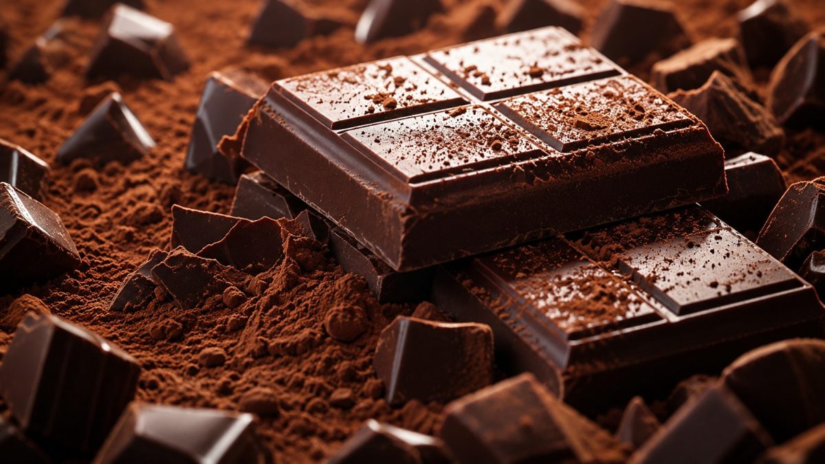 Tablettes de chocolat noir posées dans de la poudre de cacao avec éclats de chocolat autour, illustration gourmande des bienfaits potentiels du cacao et des antioxydants du chocolat noir