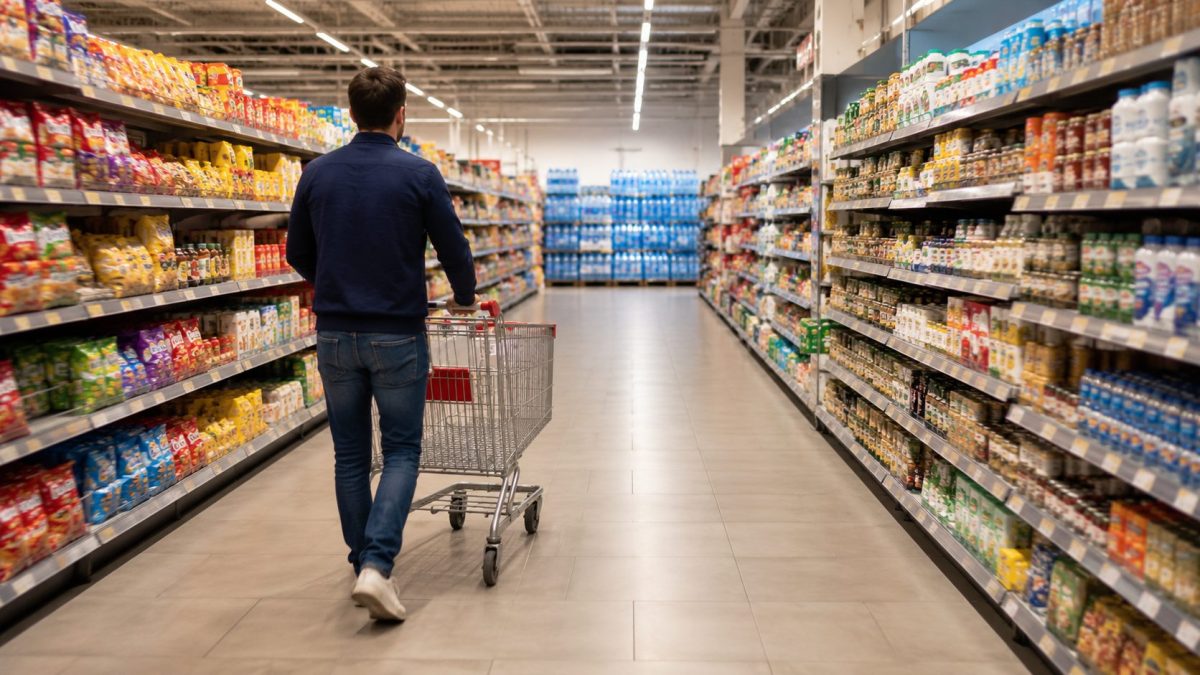 un homme pousse un caddie dans les longues allées d’un supermarché moderne avec des rayons remplis de produits alimentaires et des packs d’eau placés tout au fond du magasin