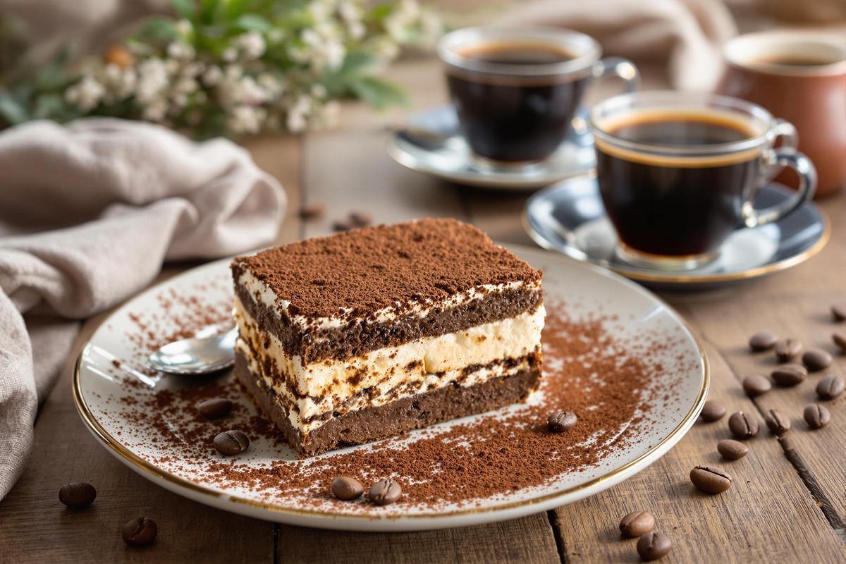 Part généreuse de tiramisù italien traditionnel au mascarpone et au café, saupoudrée de cacao amer, servie sur une assiette dans une ambiance chaleureuse avec des tasses d’expresso en arrière-plan. Ce dessert emblématique de la cuisine italienne illustre la recette authentique et l’histoire du célèbre tiramisù.