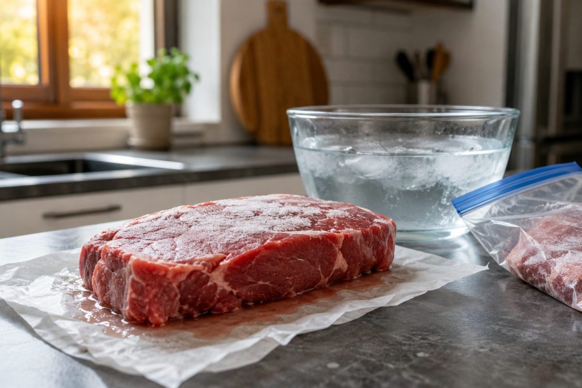 Morceau de viande crue en train de décongeler sur un plan de travail de cuisine pendant qu’un thermomètre de cuisine et un récipient d’eau froide sont visibles en arrière-plan.