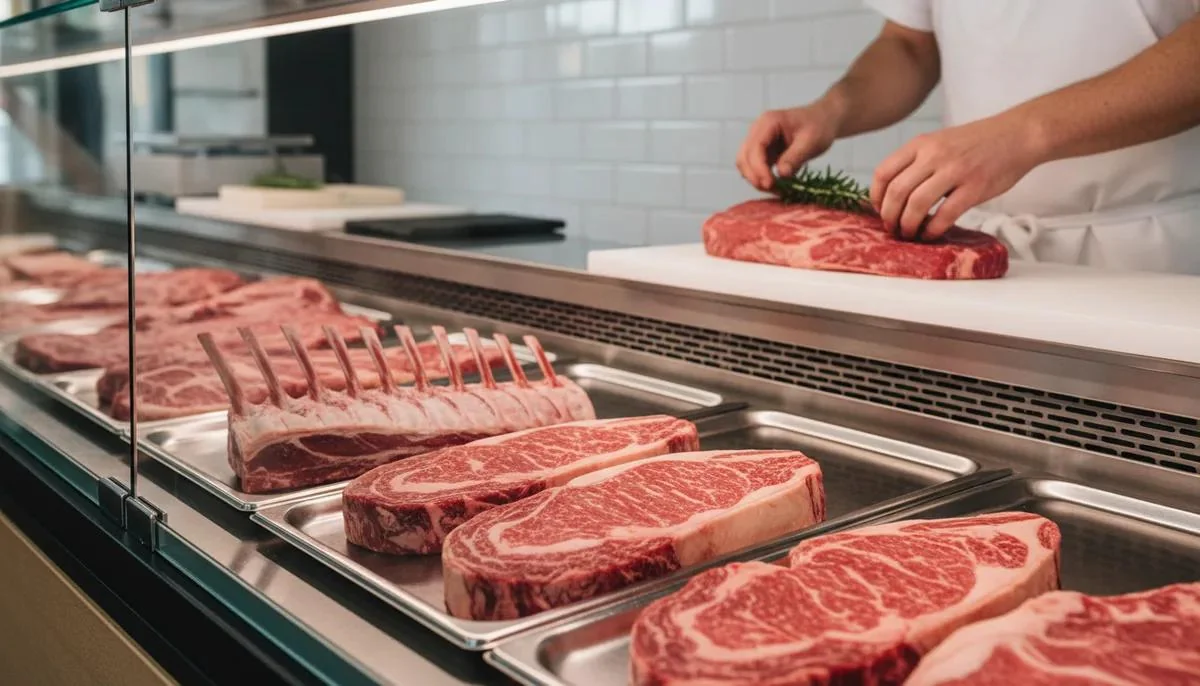 Vitrine de boucherie artisanale présentant plusieurs pièces de viande rouge fraîche, dont entrecôtes persillées et carré d’agneau, disposées sur plateaux inox réfrigérés, avec un boucher en arrière-plan préparant une pièce de viande sur un plan de travail propre et hygiénique