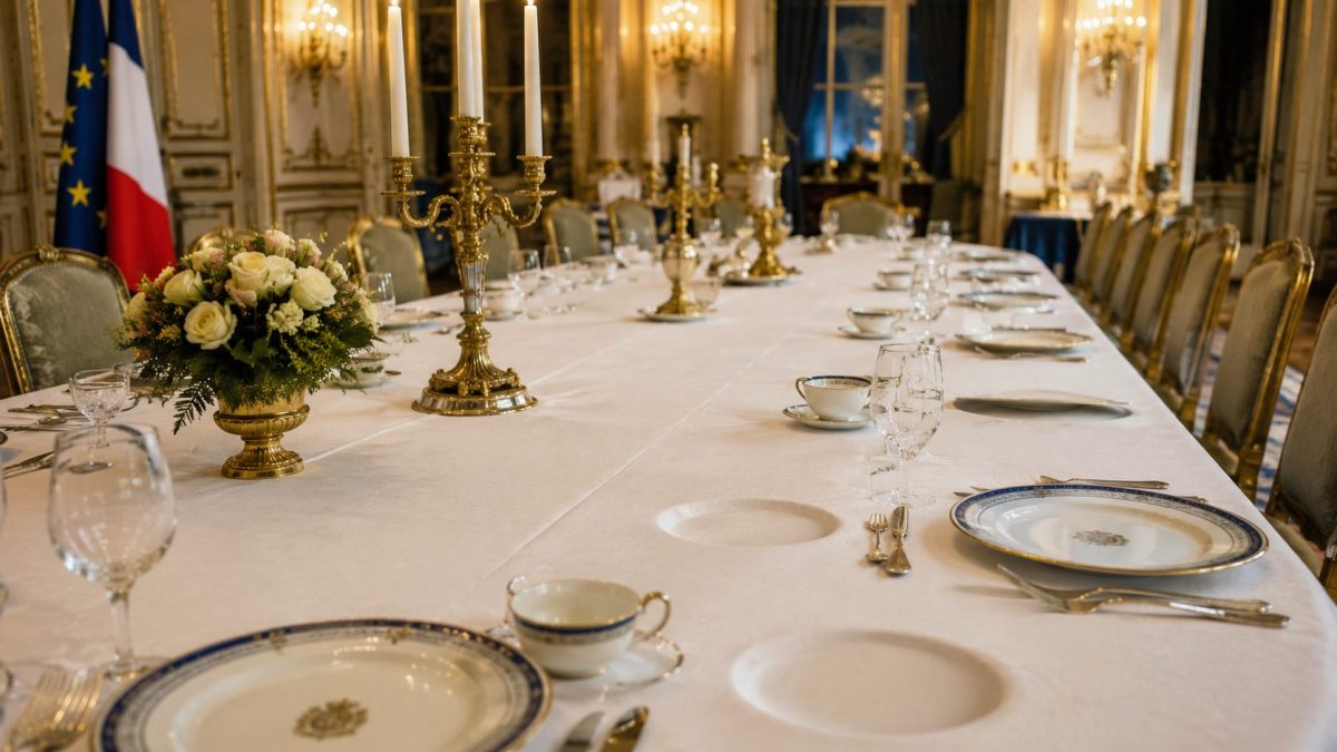 Grande salle de réception officielle avec une longue table dressée en porcelaine fine de style présidentiel, plusieurs assiettes et tasses manquantes laissant des espaces vides visibles au milieu d’un service luxueux utilisé pour des dîners d’État à l’Élysée