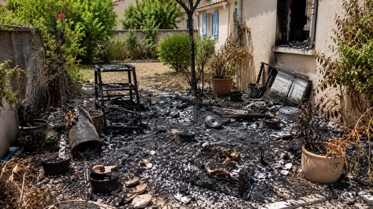 Jardin d’une maison individuelle après un incendie domestique, avec des cendres, des débris calcinés et une atmosphère sombre et inquiétante. La scène évoque le retour traumatisant d’une propriétaire confrontée à une découverte bouleversante après une location de courte durée.