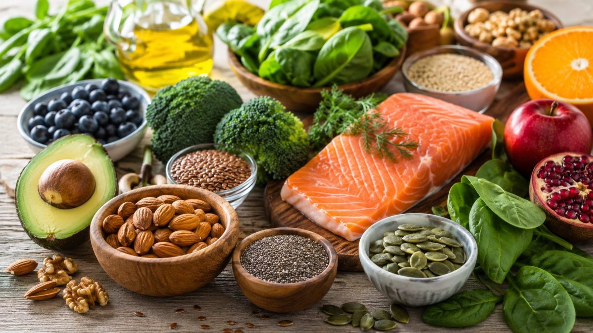 Table garnie d’aliments reconnus pour leurs qualités nutritionnelles avec des amandes, des graines, des légumes verts feuillus, du poisson frais et divers produits naturels riches en vitamines et minéraux.