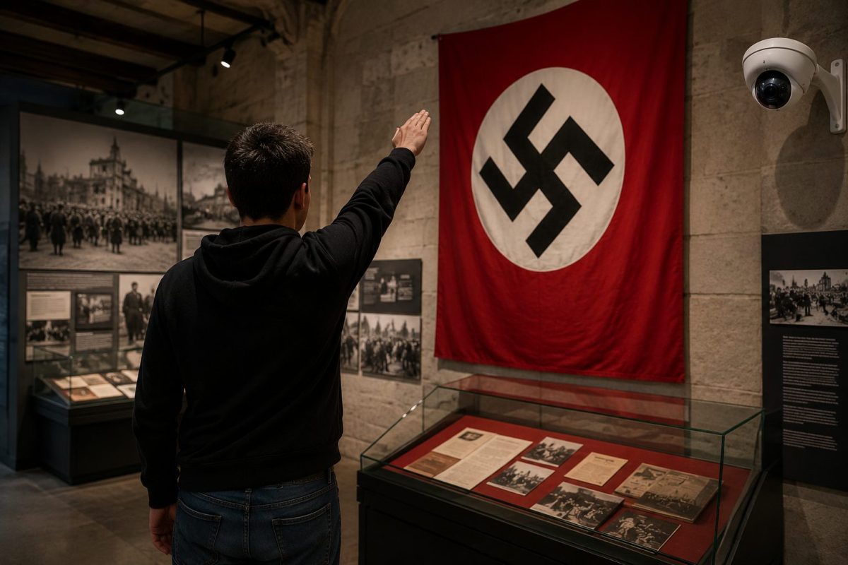 Illustration montrant un visiteur de dos effectuant un salut nazi devant un drapeau du IIIe Reich exposé dans une salle du musée de la Résistance de Besançon. Cette scène illustre les provocations signalées dans ce lieu de mémoire, où plusieurs visiteurs ont été filmés réalisant ce geste interdit. La ville de Besançon a annoncé une politique de tolérance zéro et le dépôt systématique de plaintes contre les auteurs de ces faits.