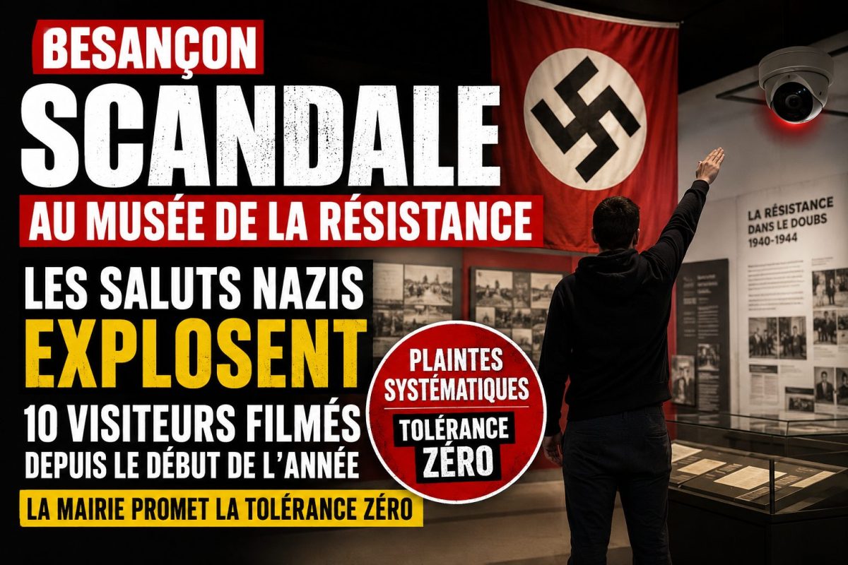 Illustration montrant un visiteur effectuant un salut nazi devant un drapeau du IIIe Reich dans une salle du musée de la Résistance de Besançon. Cette image illustre la recrudescence des saluts nazis constatée depuis le début de l'année, les faits ayant été filmés par les caméras de vidéosurveillance. La municipalité de Besançon a annoncé une politique de tolérance zéro avec dépôt systématique de plainte contre les auteurs de ces gestes, jugés contraires aux valeurs démocratiques et à la mémoire de la Seconde Guerre mondiale.