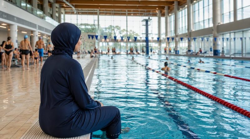Piscine municipale moderne avec plusieurs couloirs de nage, baigneurs en arrière-plan et ambiance de débat autour des règles d'accès aux équipements publics.