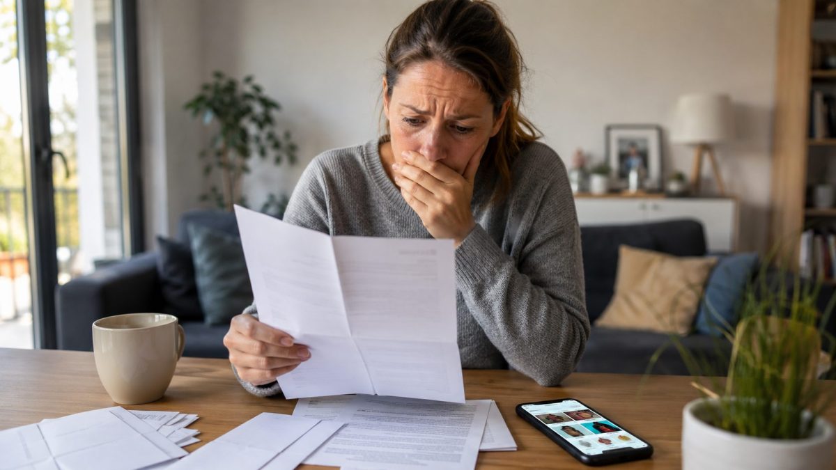 Femme assise à une table découvrant avec inquiétude un courrier administratif tandis qu'un smartphone affiche une plateforme de vente d'objets d'occasion, illustrant un contrôle de prestations sociales et une demande de remboursement.