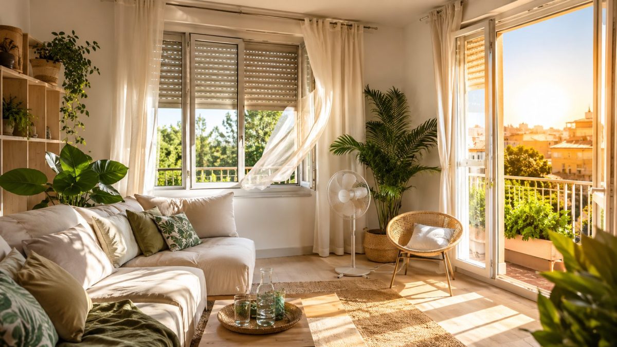 Intérieur d’un logement lumineux protégé de la chaleur estivale, avec volets partiellement fermés, plantes vertes, ventilation naturelle et ambiance fraîche malgré une forte canicule extérieure.