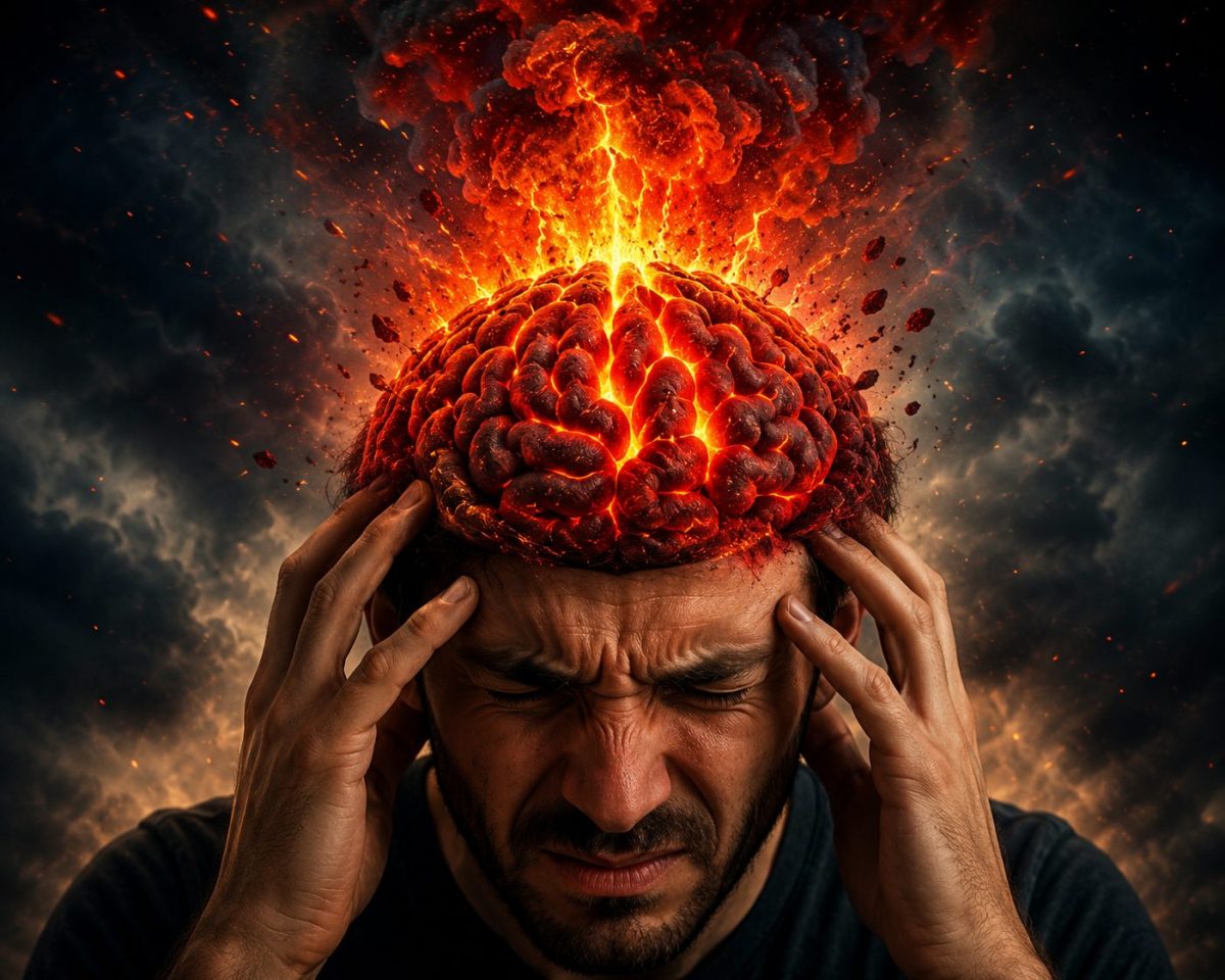 Illustration symbolique d’un homme se tenant la tête tandis que son cerveau apparaît en ébullition comme un volcan en éruption. Des flammes, de la lave et des projections lumineuses s’échappent du sommet de son crâne, représentant les effets du sevrage après l’arrêt d’addictions, la fatigue mentale, les troubles du sommeil, la pression dans la tête et la reconstruction du cerveau après plusieurs années de dépendance.