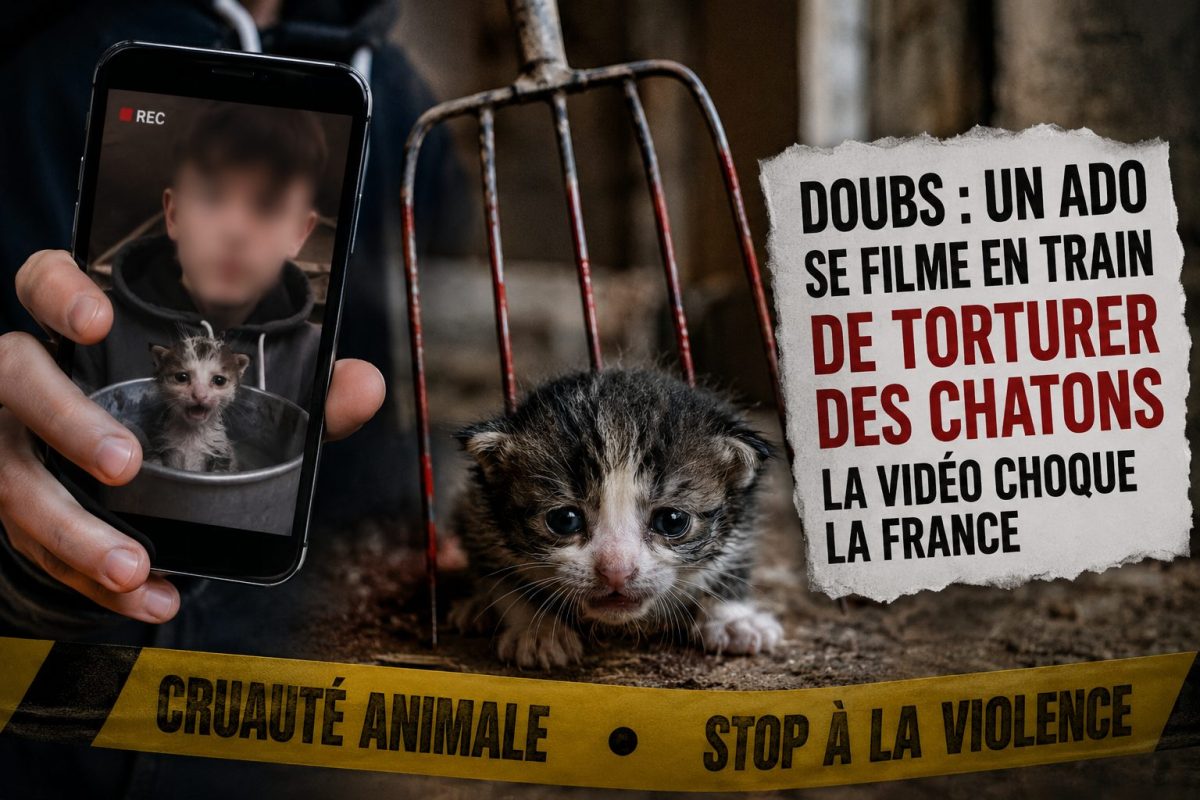 Petit chaton apeuré au premier plan dans un environnement agricole sombre, tandis qu’un smartphone tenu par une personne floutée symbolise la diffusion de vidéos choquantes sur les réseaux sociaux. L’image illustre une affaire de cruauté animale ayant provoqué une vive émotion en France et relancé le débat sur la protection des animaux domestiques.