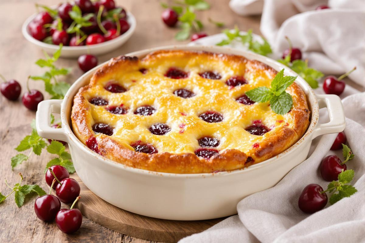 Clafoutis aux cerises doré et moelleux présenté dans un plat en céramique blanche sur une table en bois, entouré de cerises fraîches et de feuilles vertes, illustrant un dessert traditionnel français préparé à base de fruits de saison.
