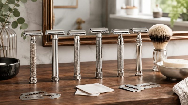 Plusieurs rasoirs de sûreté métalliques alignés sur un plan de travail en bois, accompagnés de lames neuves, d’un blaireau et d’un savon de rasage dans une salle de bain lumineuse.